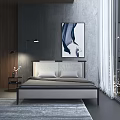 Modern Double Bed with Plush Pillows Abstract Painting and Floor Lamp in Bedroom