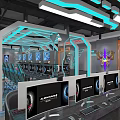 Modern Internet Cafe Interior With Futuristic Blue Lighting High Tech Gaming Computers And Comfortable Seating 3d model