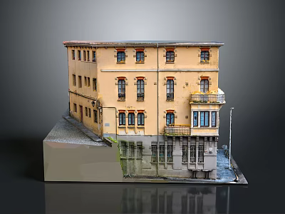 Cartoon Style Yellow Multistory Building Scene With Windows Arched Doors Street Lamp On Gray Platform 3d model