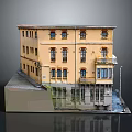 Cartoon Style Yellow Multistory Building Scene With Windows Arched Doors Street Lamp On Gray Platform