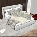 Double Bed With Grey Headboard Pillows And Plaid Blanket Near Large Window Sea View Wooden Wall
