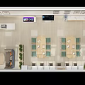 School Dining Hall With Bright Interior Wooden Tables Green Chairs Wall Art and TV Screens