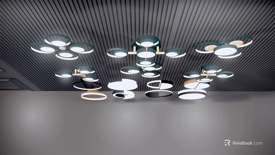 Modern Stylish Ceiling Lights Design On Dark Striped Ceiling With Multiple Circular Arrangement 3d model