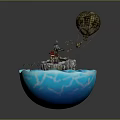 Floating Island Scene With Blue Sphere Castle And Hot Air Balloon