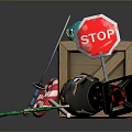Colorful Weapon Collection With Sword Lollipop Stick Stop Sign And Bomb In Wooden Crate