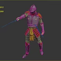 3D Model Of Armored Human Warrior In Silver Red Armor Holding Sword Standing Pose