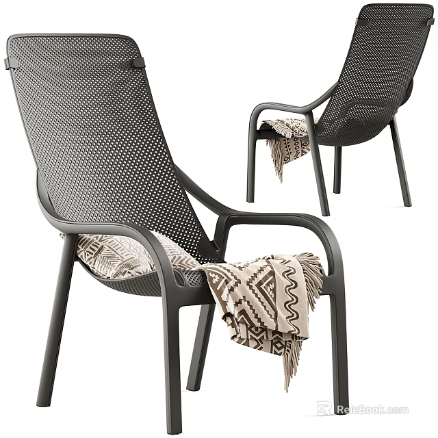 Leisure Chair with Metal Frame Mesh Design and Geometric Pattern Blanket on Armrest 3d model 