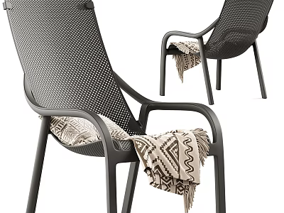 Leisure Chair with Metal Frame Mesh Design and Geometric Pattern Blanket on Armrest 3d model