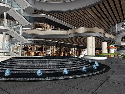 Modern Shopping Mall Lobby Interior With Multi Level Staircase Circular Steps And Blue Decorative Lights 3d model