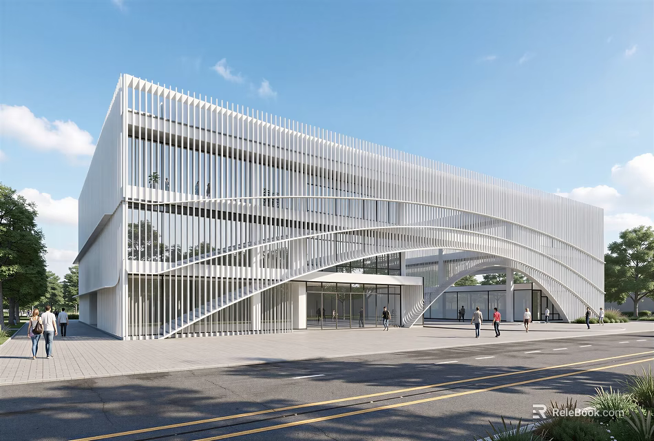 Modern Sales Office Building With White Striped Facade Curved Structure Glass Windows And Pedestrians Nearby 3d model 