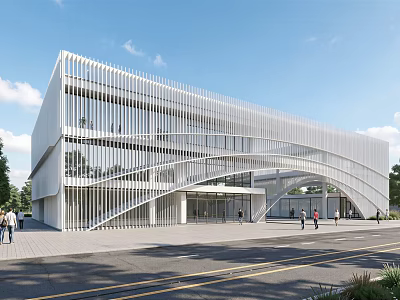Modern Sales Office Building With White Striped Facade Curved Structure Glass Windows And Pedestrians Nearby 3d model