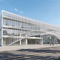 Modern Sales Office Building With White Striped Facade Curved Structure Glass Windows And Pedestrians Nearby