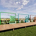 Landscape Sculpture With Colorful Frames Line Figure Designs On Wooden Platform Grassland And Blue Sky