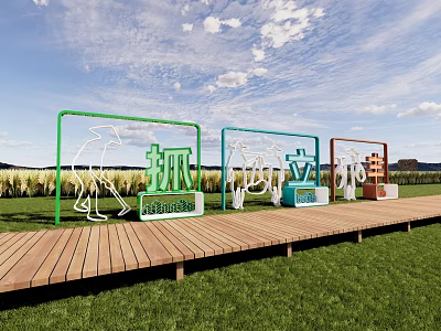 Landscape Sculpture With Colorful Frames Line Figure Designs On Wooden Platform Grassland And Blue Sky 3d model
