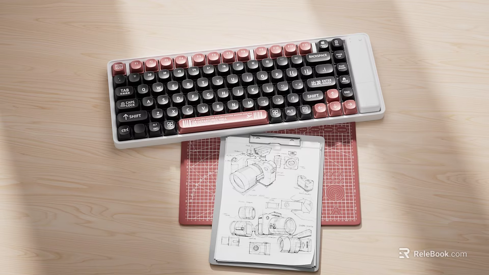 Vintage Mechanical Keyboard With Black Red White Round Keycaps And Design Sketches On Wooden Desk 3d model 