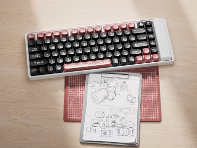 Vintage Mechanical Keyboard With Black Red White Round Keycaps And Design Sketches On Wooden Desk 3d model