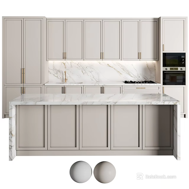 Modern Kitchen With Light Toned Cabinets Marble Countertop And Appliances 3d model 