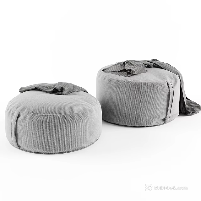 Two Grey Round Fabric Poufs With Soft Surface And Draped Cloth 3d model 