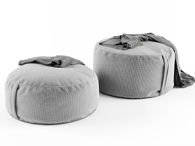 Two Grey Round Fabric Poufs With Soft Surface And Draped Cloth 3d model