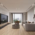 Modern Living Dining Room With Light Wood Flooring Neutral Tones Sofa Coffee Table TV Wall