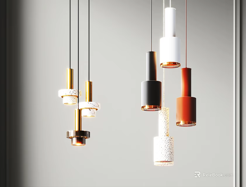 Modern Geometric Pendant Lights With Black White Orange Metal Shapes For Decor 3d model 