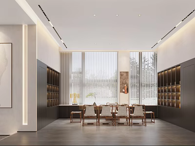 Modern Clubhouse Interior Design Featuring Spacious Layout Wooden Furniture Large Windows And Decorative Shelves 3d model