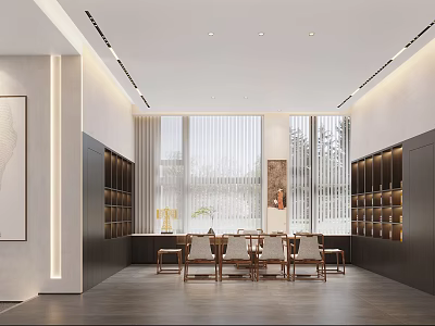 Modern Clubhouse Interior Design Featuring Spacious Layout Wooden Furniture Large Windows And Decorative Shelves 3d model