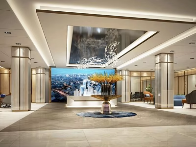 Modern Sales Office Interior Design Featuring Spacious Lobby Decorative Vase Cityscape Backdrop And Marble Flooring 3d model