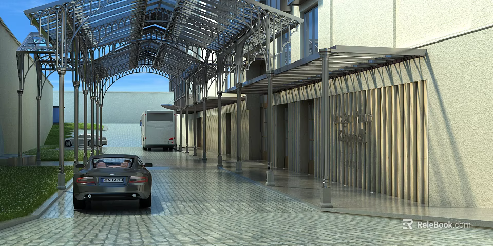 Entrance Gate Arched Metal Ceiling Long Corridor With Wooden Walls Paved Ground And Parked Vehicles 3d model 