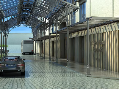 Entrance Gate Arched Metal Ceiling Long Corridor With Wooden Walls Paved Ground And Parked Vehicles 3d model