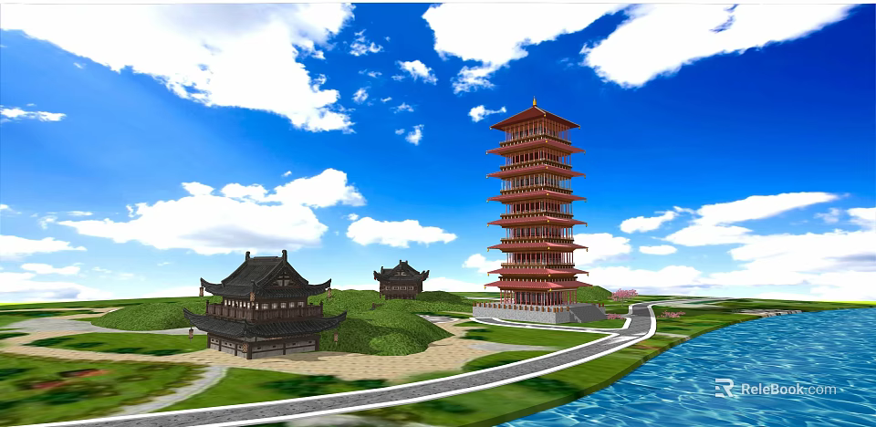 Ancient Chinese Architecture With Seven story Pagoda Lakeside Green Lawn And White Clouds 3d model 