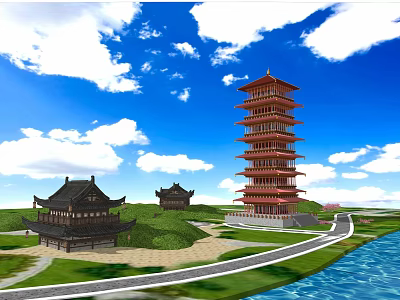 Ancient Chinese Architecture With Seven story Pagoda Lakeside Green Lawn And White Clouds 3d model