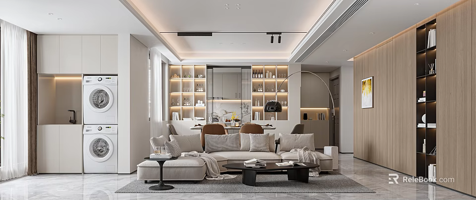 Modern Living Dining Room Interior With Open Kitchen Sofa Coffee Table And Bookshelves 3d model 