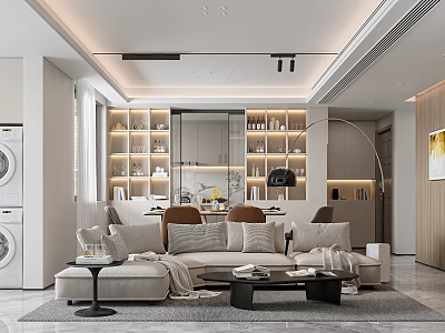 Modern Living Dining Room Interior With Open Kitchen Sofa Coffee Table And Bookshelves 3d model