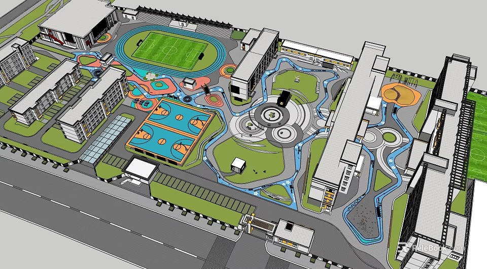 Modern School Campus With Buildings Football Field Basketball Courts Track And Green Areas 3d model 