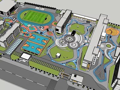 Modern School Campus With Buildings Football Field Basketball Courts Track And Green Areas 3d model
