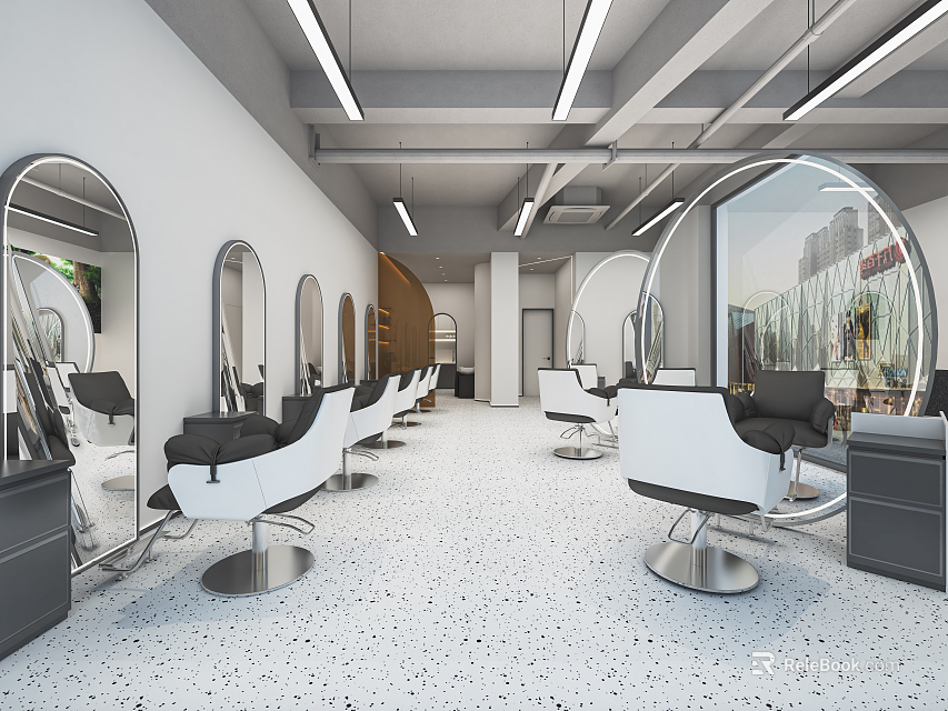 Modern Minimalist Hair Salon Interior With White Styling Chairs And Arched Mirrors 3d model 