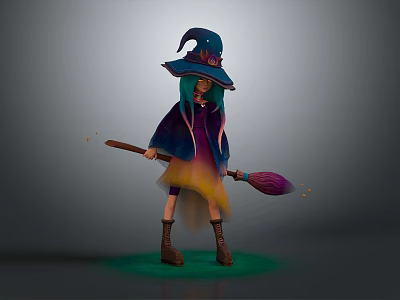 Young Witch In Colorful Cloak Holding Purple Broom With Orange Sprites And Green Glow 3d model