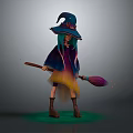 Young Witch In Colorful Cloak Holding Purple Broom With Orange Sprites And Green Glow
