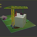 Construction Site Model With Yellow Crane White Building Purple Pipes And Green Ground