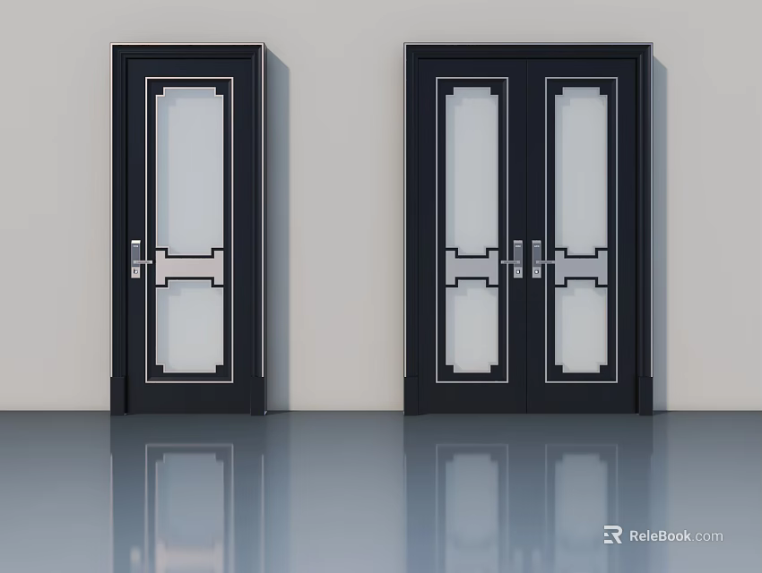 Black Swing Doors With Glass Panels And Modern Metal Frames Design 3d model 