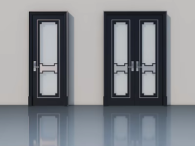 Black Swing Doors With Glass Panels And Modern Metal Frames Design 3d model