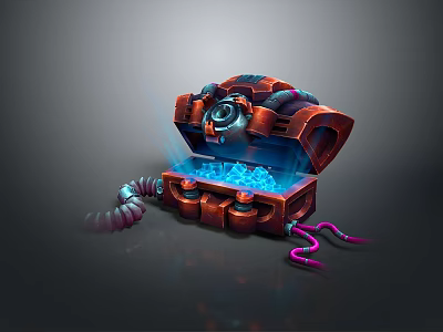 Red Open Household Storage Box With Blue Glowing Items Purple Cables Mechanical Tech Elements 3d model