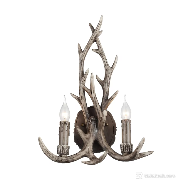 Rustic Antler Wall Sconce With Two Bulbs Natural Design For Home Decor 3d model