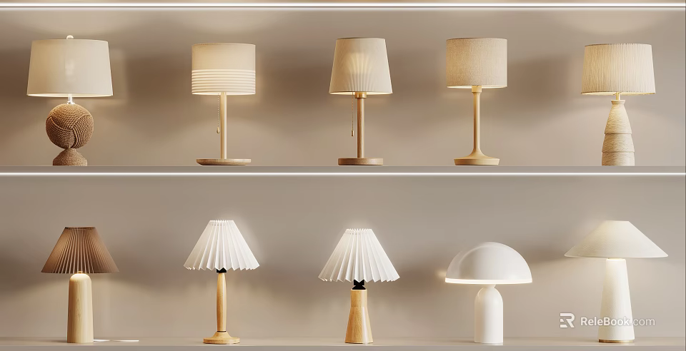Modern Table Lamps With Various Designs Fabric Shades And Wooden Bases 3d model 