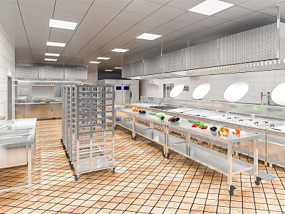 Commercial Kitchen Setup With Stainless Steel Worktables Fresh Produce And Tiled Flooring 3d model