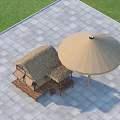 Pergola with Thatched Roof Hut and Umbrella Shaped Canopy on Stone Pavement in Grassland