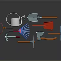 Essential Garden Gadgets Featuring Watering Can Shovel Rake And Hoe 3d model