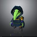 Mystical 3D Character With Blue Hooded Cloak Long Beak Mask Purple Orb And Golden Staff