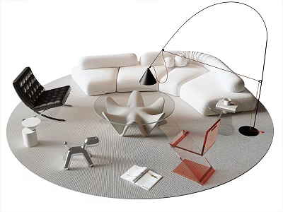 Modern White Sofa with Star Shaped Coffee Table and Arched Floor Lamp on Textured Rug 3d model